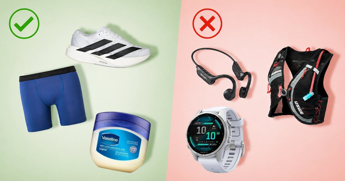 Split image comparing essential beginner running gear with unnecessary extras