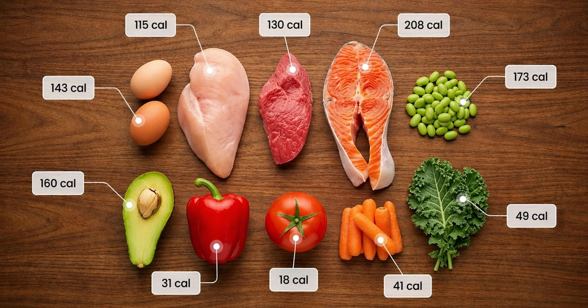 Various foods laid out on a table representing calorie tracking