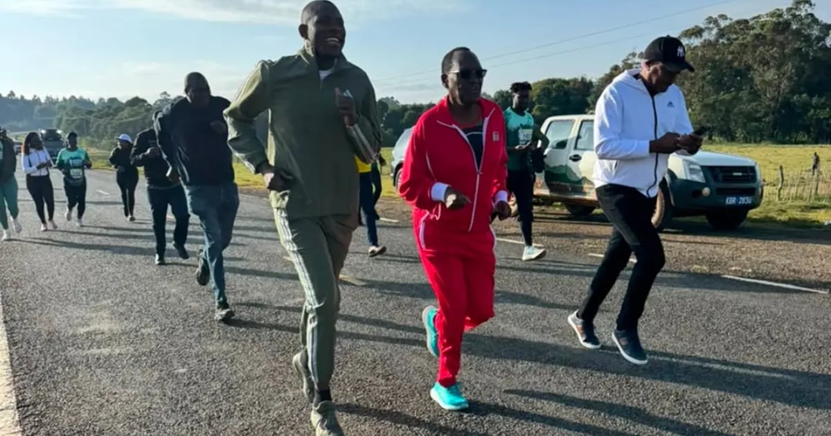 Dr. Chris Kiptoo running at the front of the pack at the 2026 Kaptagat Forest Marathon