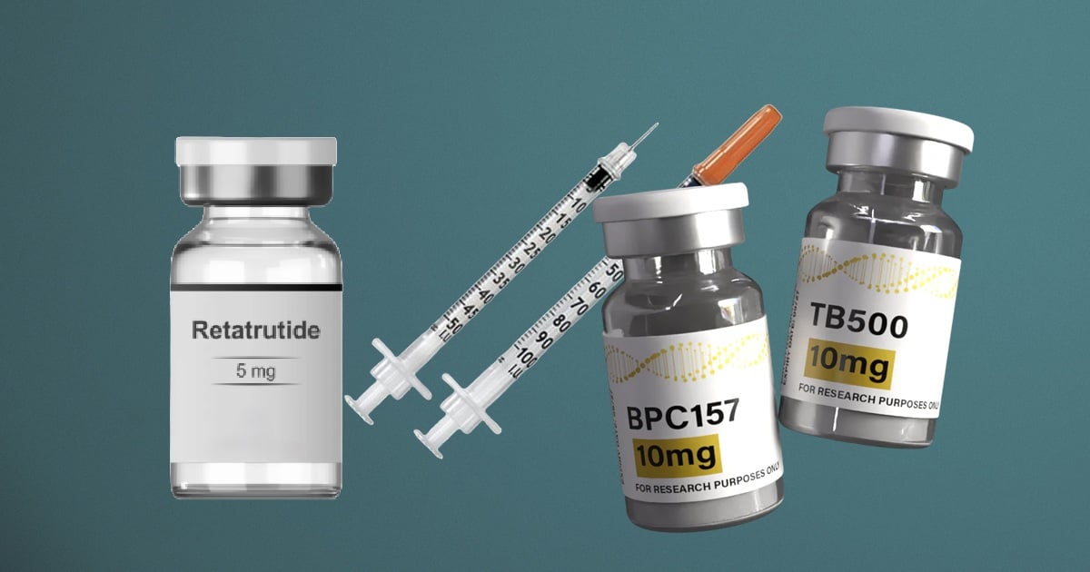 Syringes and vials representing peptides like BPC-157, TB-500, and retatrutide
