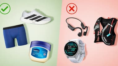 Split image comparing essential beginner running gear with unnecessary extras