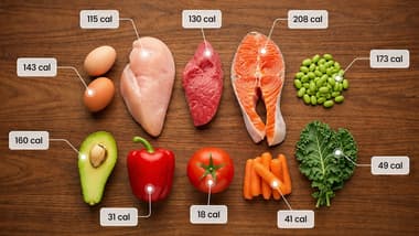Various foods laid out on a table representing calorie tracking