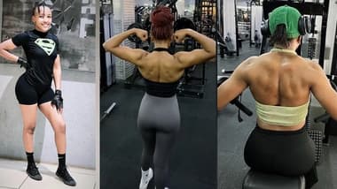 Three-year fitness transformation collage showing Stacy Thiong'o's progressive muscle development from 2023 to 2025