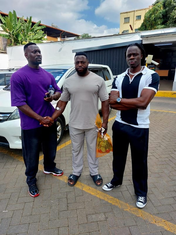 Gachau Njoroge (middle) photographed outside Avenue Hospital after being discharged, alongside Desmond Tutu (left) and Rogers Adinda (Right)