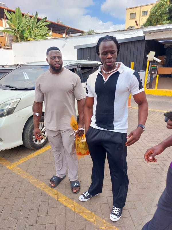 Gachau Njoroge (left) with Rogers Adinda (right) outside Avenue Hospital following his discharge after the Vurugu 2 bout