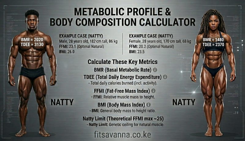 Example BMI, BMR, TDEE and FFMI results for a natty male and female athlete