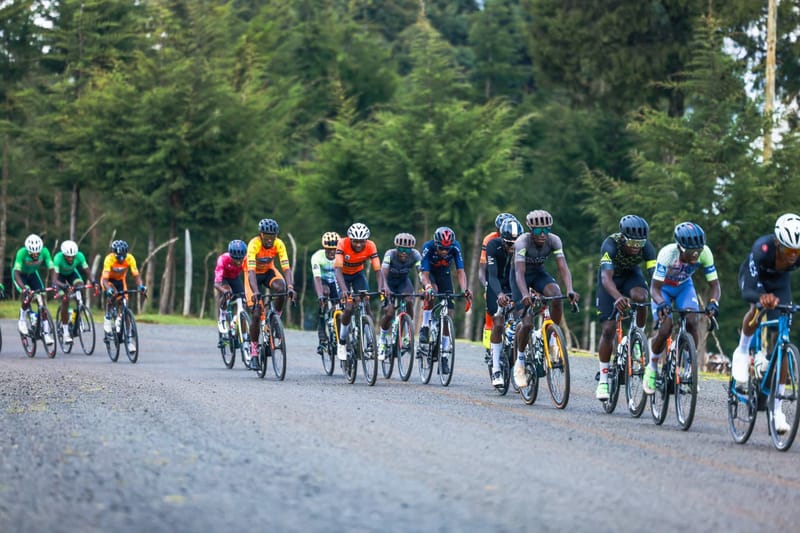 Cyclists ride through the forest road during the 2026 Kaptagat Cycling Challenge