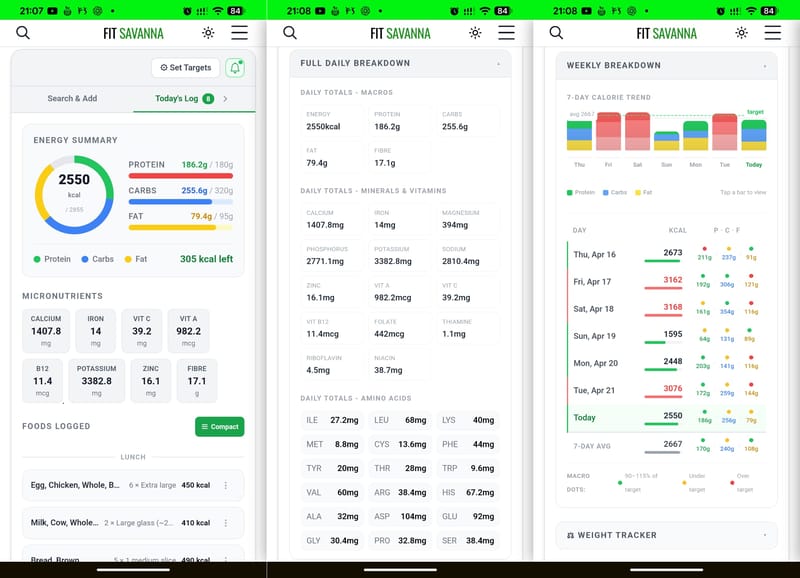 Screenshots of the Fit Savanna Kenyan food tracker showing local foods and calorie data