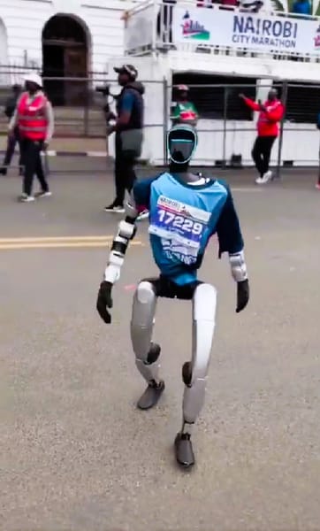 JayTron humanoid AI robot wearing bib 17229 at the 2026 Nairobi City Marathon