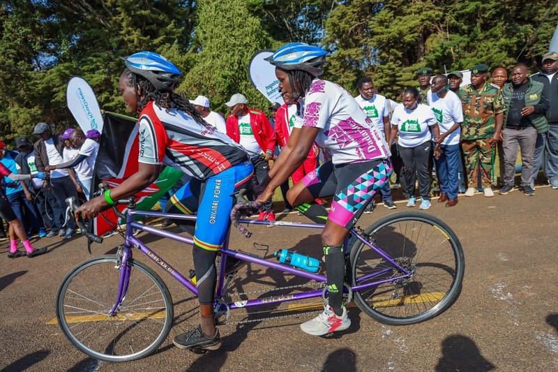 Para cyclists ride a tandem bicycle at the 2026 Kaptagat Cycling Challenge