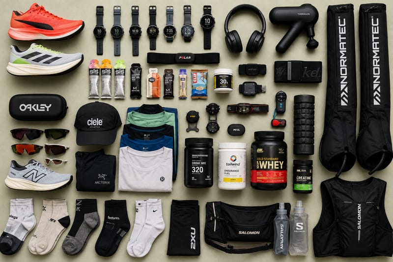 Flat lay of excessive running gear and gadgets