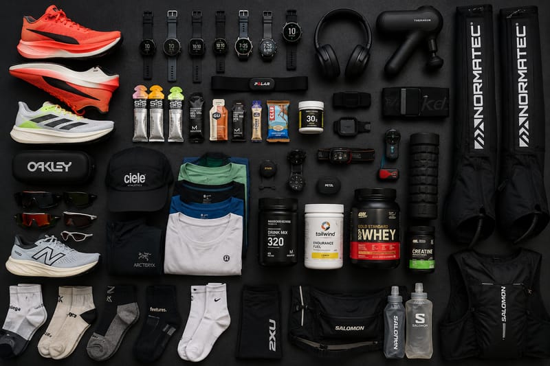 Flat lay of excessive running gear and gadgets