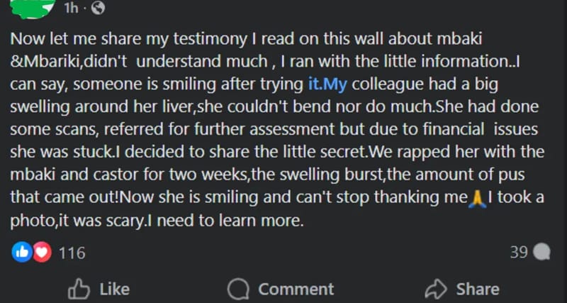 Screenshot showing claims that mbaki+mbarīki patches cure swelling around the liver