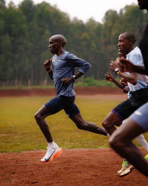 Eliud Kipchoge training with fellow distance runners in Kaptagat, one of Kenya's renowned high-altitude training hubs.
