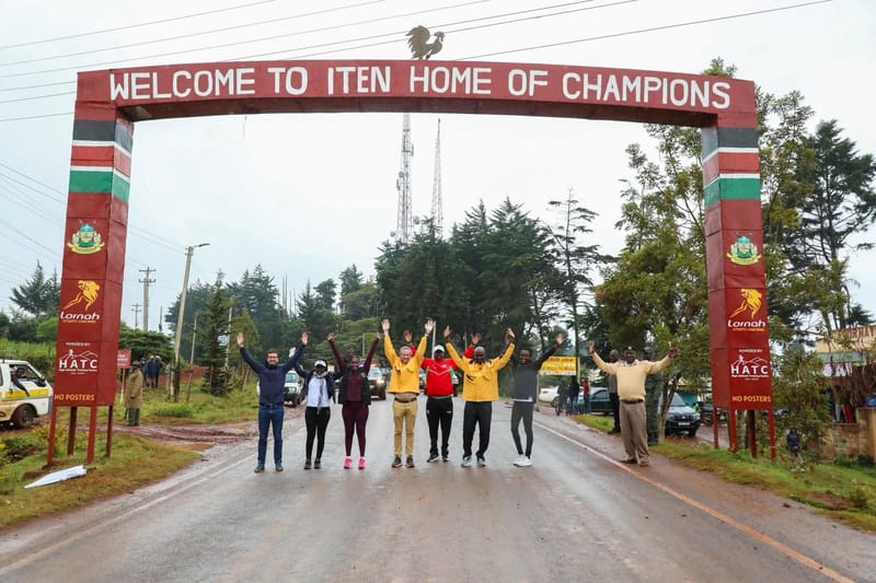 The iconic 'Welcome to Iten, Home of Champions' welcome arch at the entrance to Iten, Kenya.