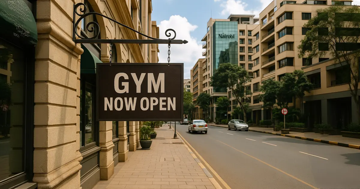 Gym now open sign on a street in Nairobi